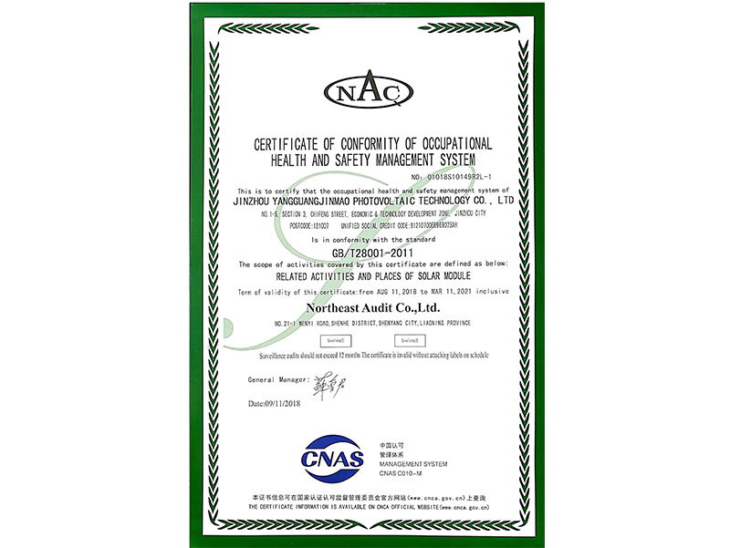 職業(yè)健康安全管理體系認(rèn)証証明書（英語(yǔ)）