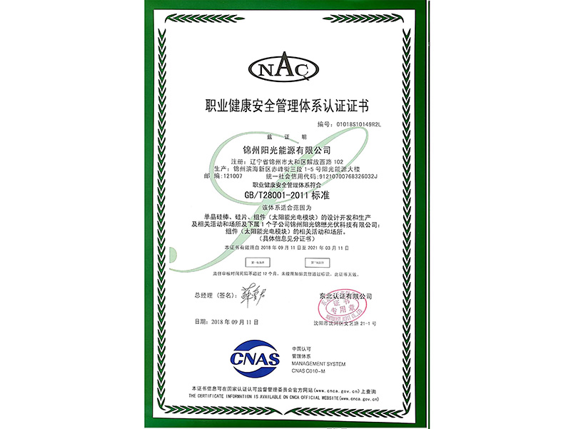 職業(yè)健康安全管理體系認(rèn)証証明書（中國(guó)語(yǔ)）